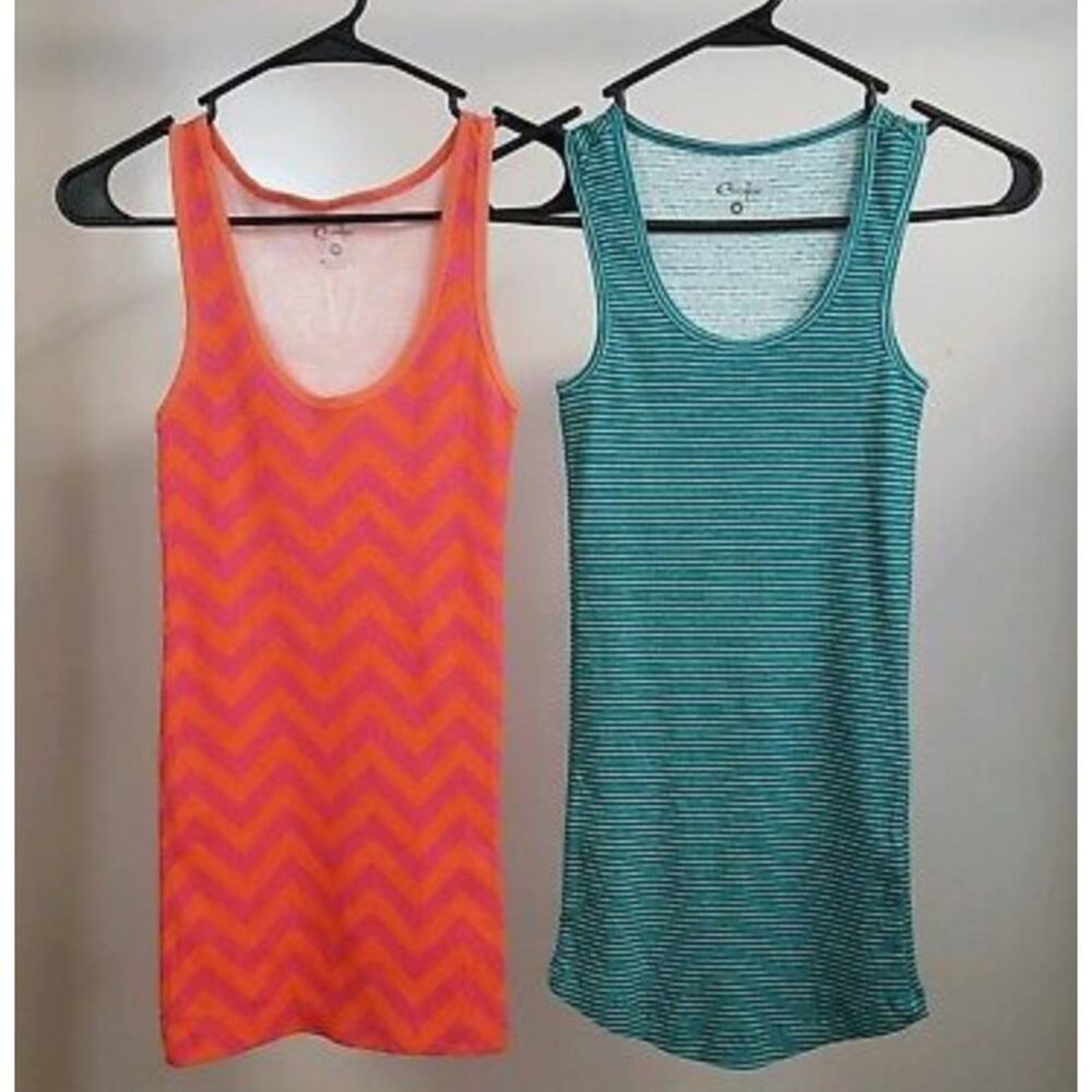 Curfew Tank Tops Womes M Set of 2 Casual Beach Green Teal Orange Pink Striped